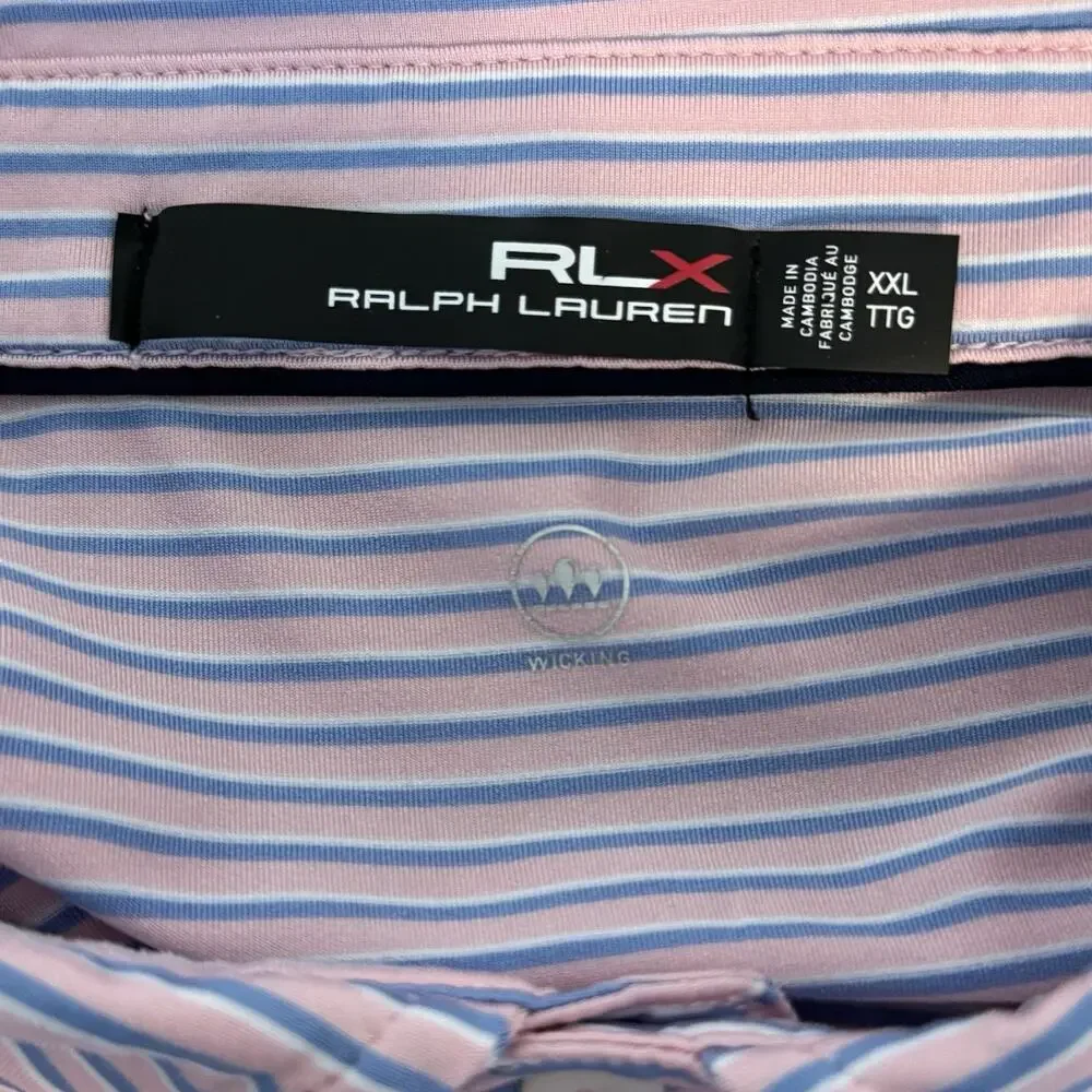 RLX Ralph Lauren Polo Shirt Men’s XXL Pink Blue Stripe‎ Short Sleeve Golf Active